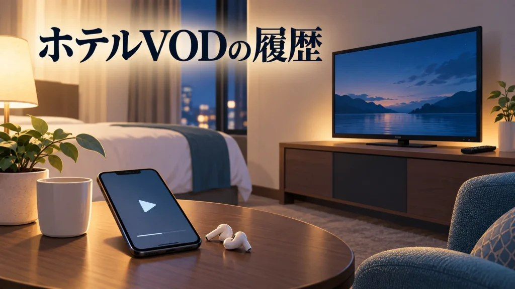 ホテルの客室テレビと、自分のスマホで動画を見る選択肢のイラスト